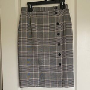 Plaid faux Button-Front Skirt - black/brown/gray. Knee length. Zipper in back.